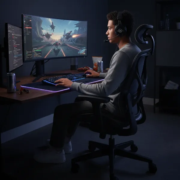 Gamer in Steelcase Leap V2, focused on screen, demonstrating ergonomic support and comfort.