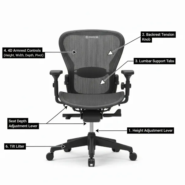 Visual guide highlighting all key adjustment points on a Steelcase Leap V2 chair.