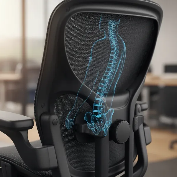 Detailed view of Steelcase Leap V2 backrest, highlighting LiveBack technology and adjustable lumbar support.