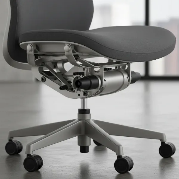 Detailed view of Steelcase Leap V2 seat, cushion, and natural glide system.