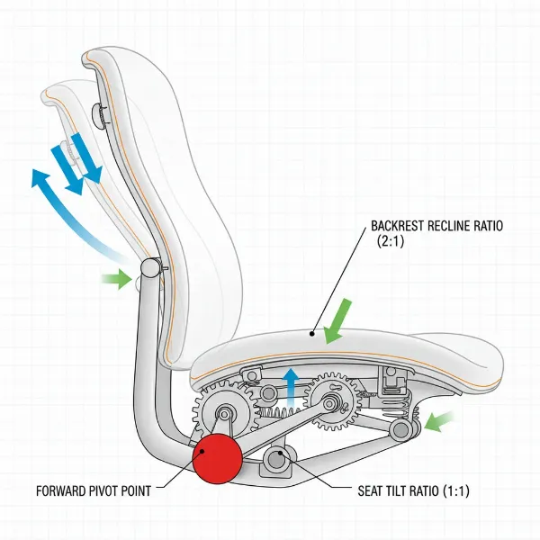 Technical illustration of a synchro-tilt mechanism, showing the independent, coordinated movement of the seat and backrest at a 2:1 ratio