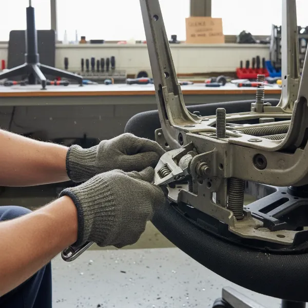 A person tightening a bolt on the underside of an office chair's mechanism with a wrench, focusing on secure connections for a squeak-free experience.