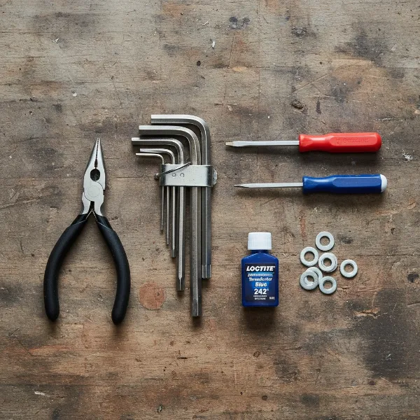 Assortment of tools needed for office chair armrest repair, including screwdrivers and hex keys.
