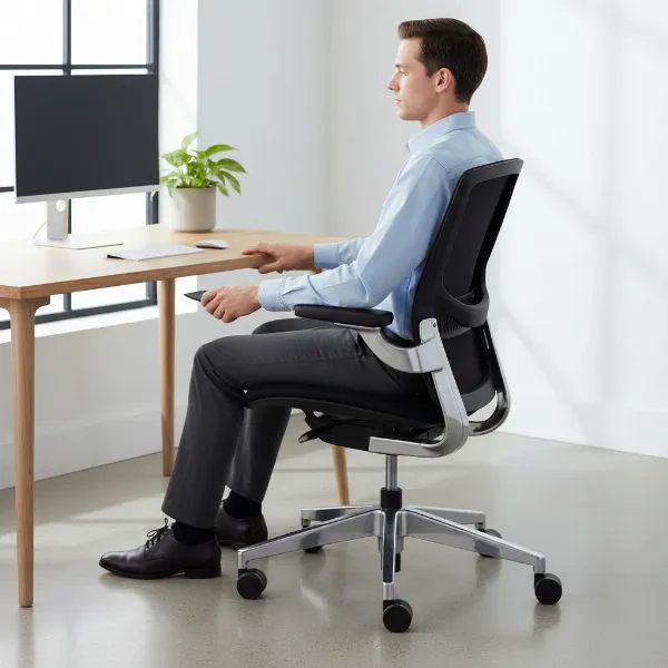 An individual adjusting the Uplift Pursuit Ergonomic Chair in an office setting, highlighting its various adjustment points for optimal posture.