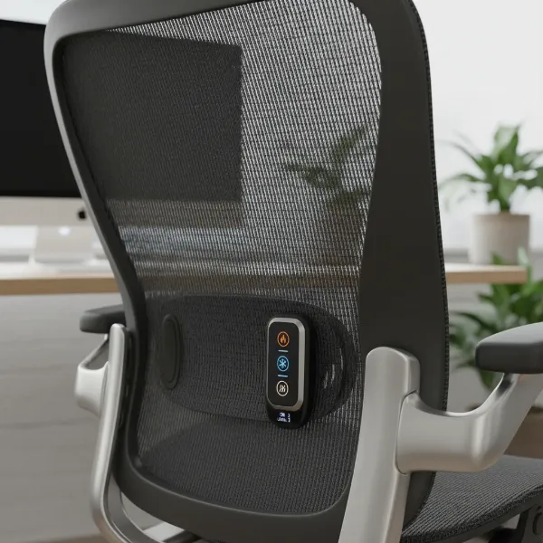 A close-up of the X-Chair X2 K-Sport Management Chair's backrest, highlighting the optional X-HMT or ELEMAX module for heating, cooling, and massage functions, demonstrating advanced chair technology.